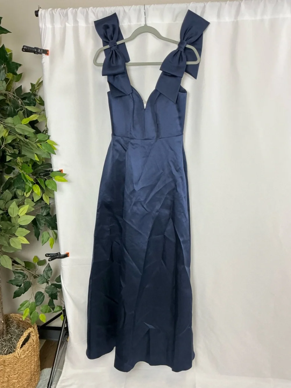 ALFRED SUNG Midnight Navy Satin V-Neck Maxi Gown with Shoulder Bows - Picture 2 of 7